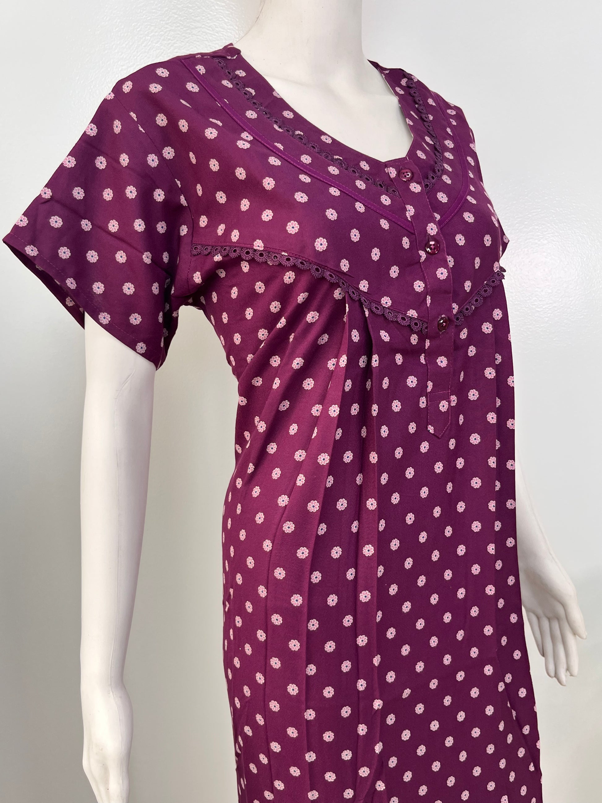 Floral print alpine pleated nighty for women with pocket
