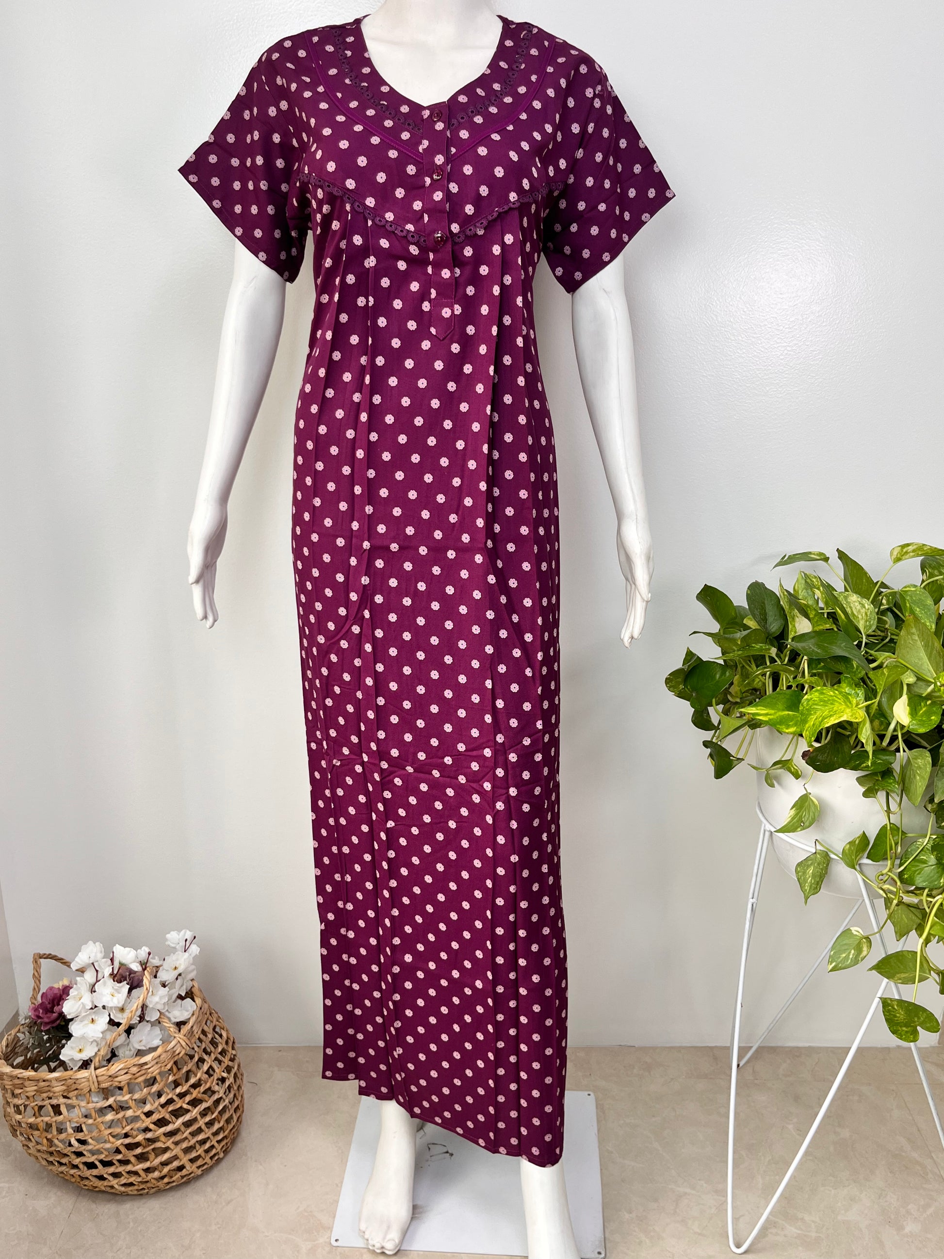 Floral print alpine pleated nighty for women with pocket