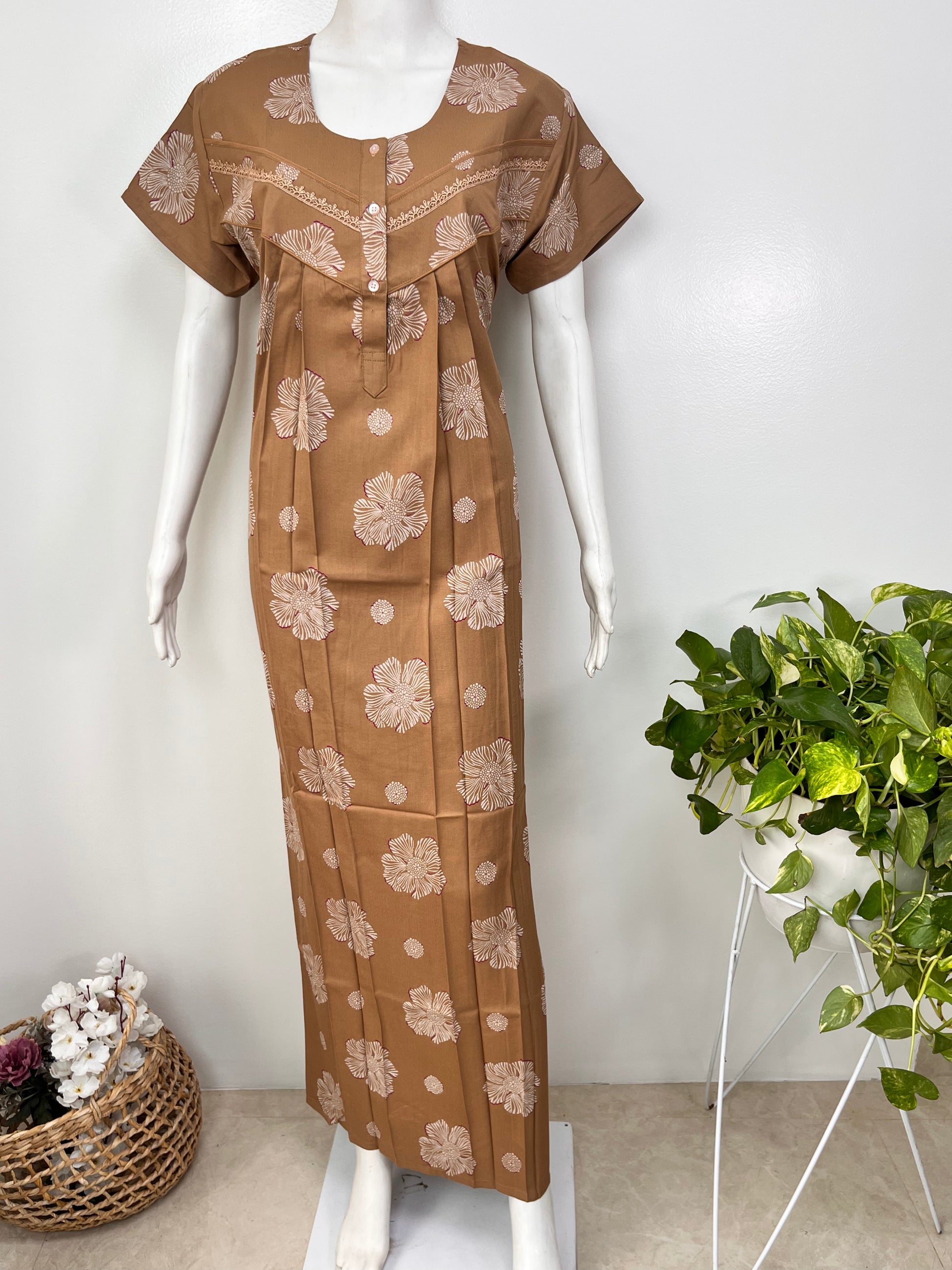 Floral alpine pleated nighty for women with pocket