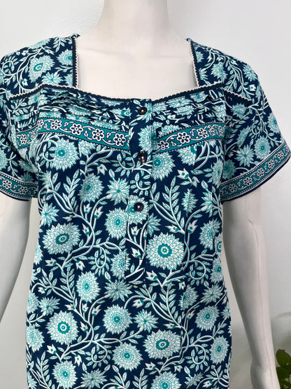 Designer pure cotton pleated nighty for women with pocket