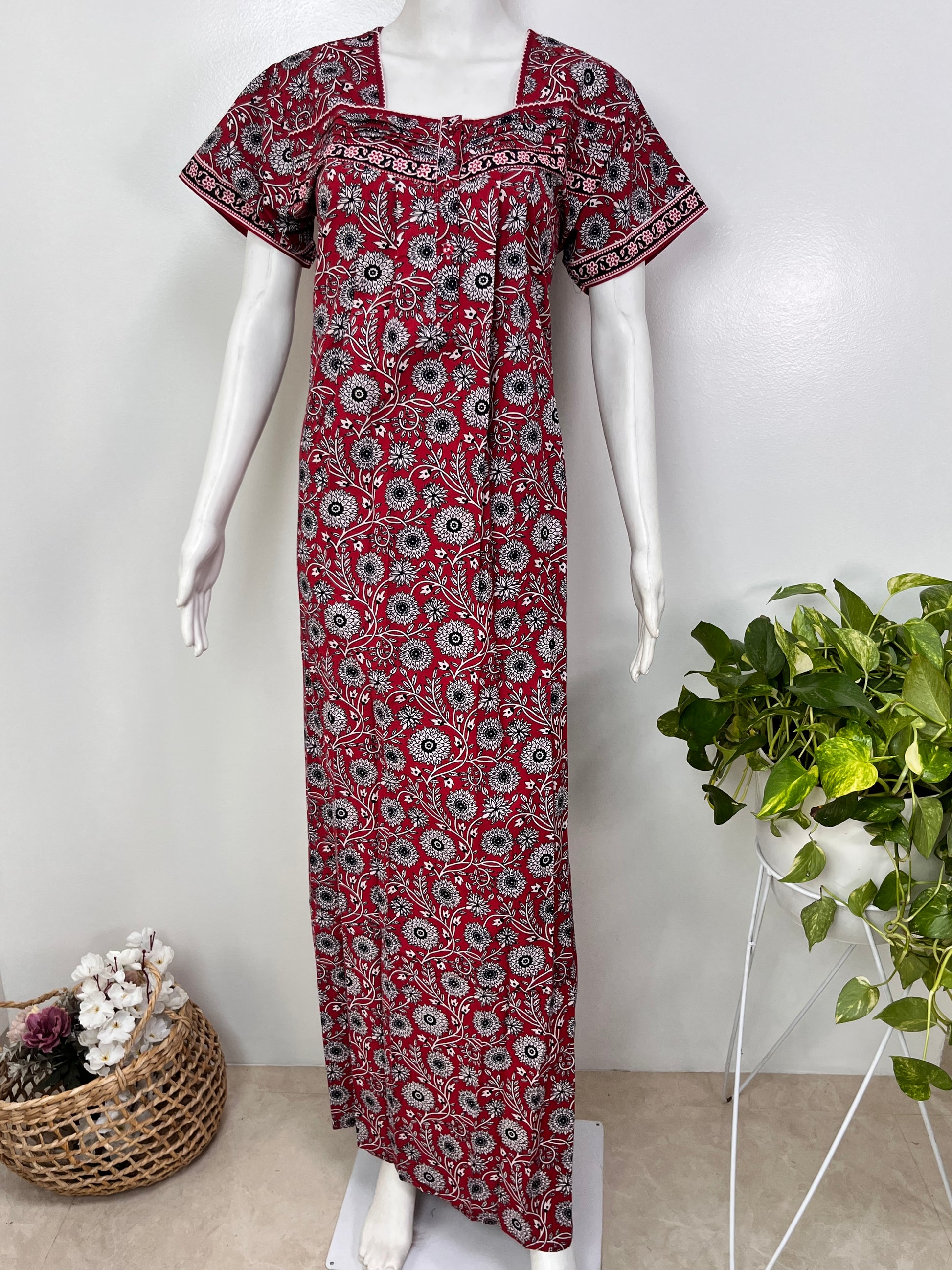 Designer pure cotton pleated nighty for women with pocket