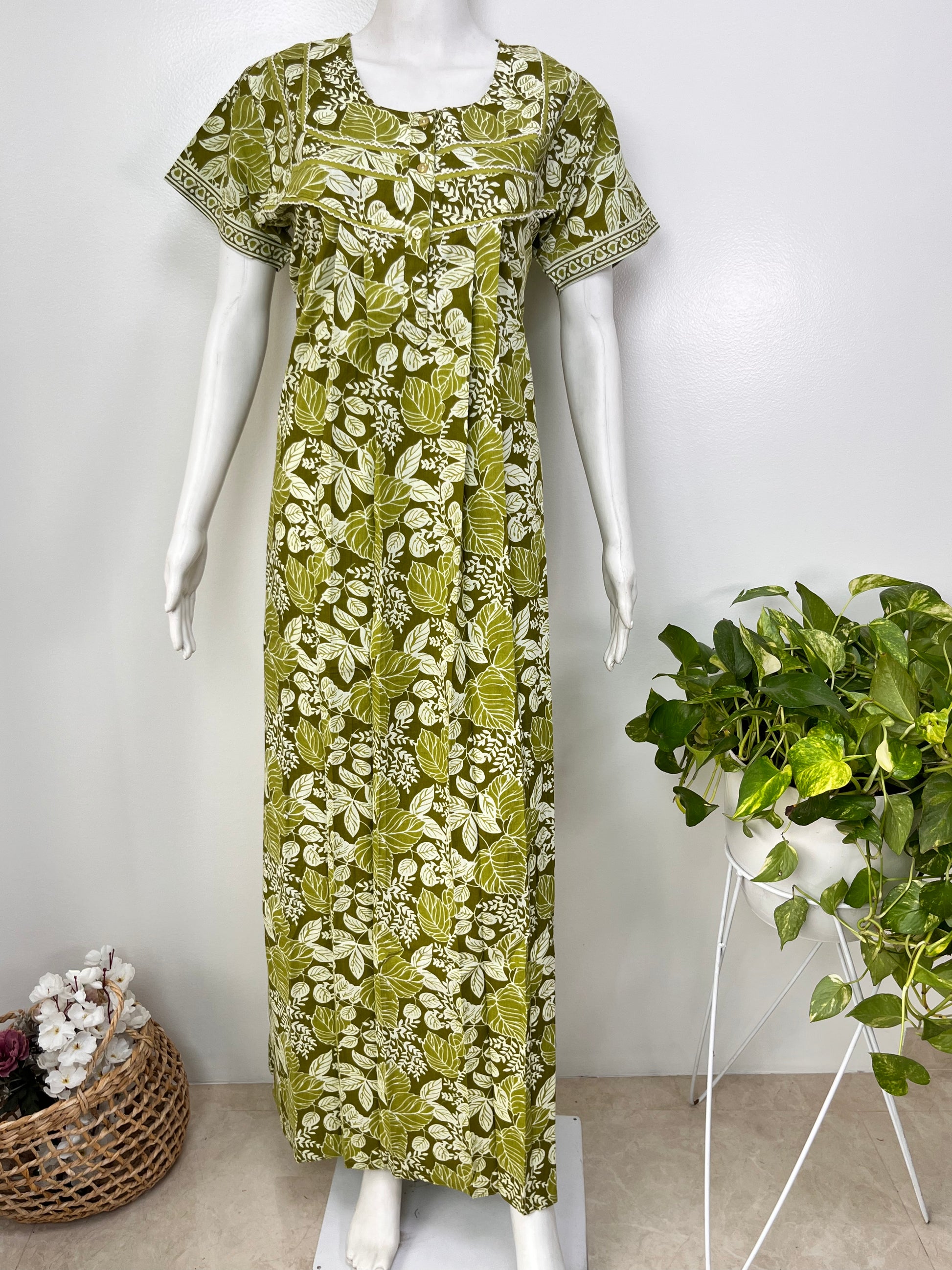 Floral printed pure cotton pleated nighty for women