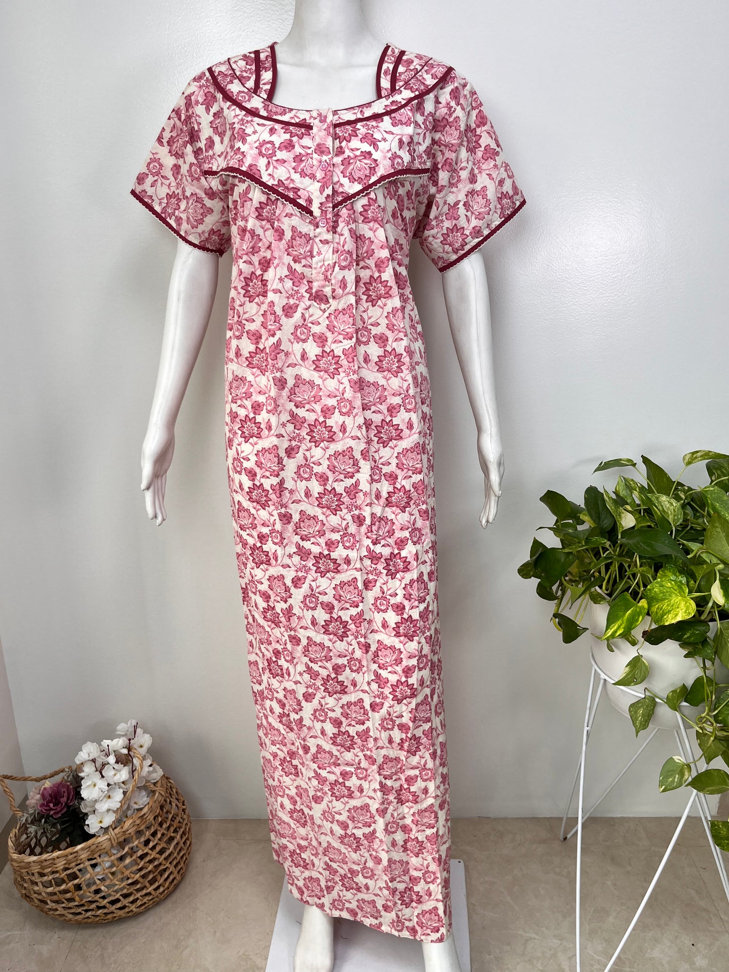 Printed pure cotton pleated nighty for women in four colours