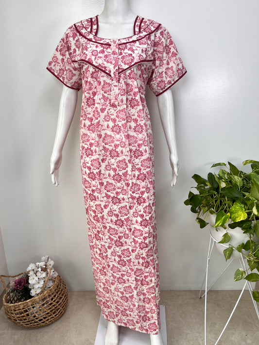 Printed pure cotton pleated nighty for women in four colours