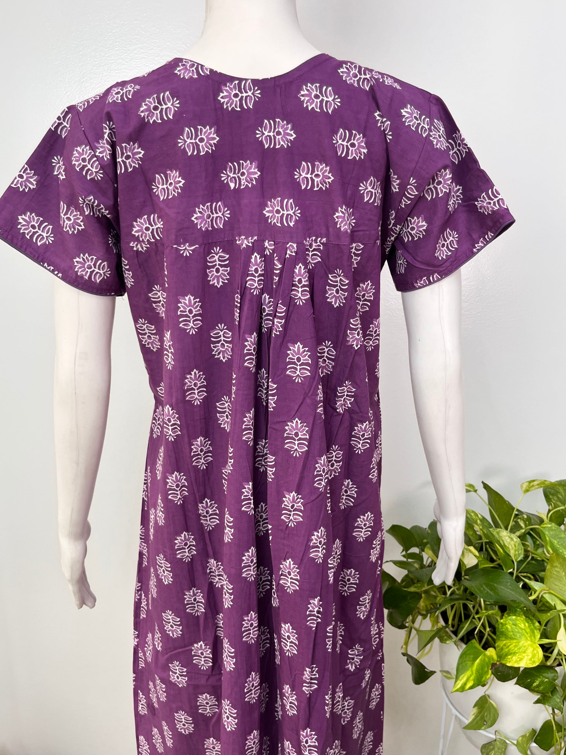 Floral pure cotton pleated nighty for women with pocket