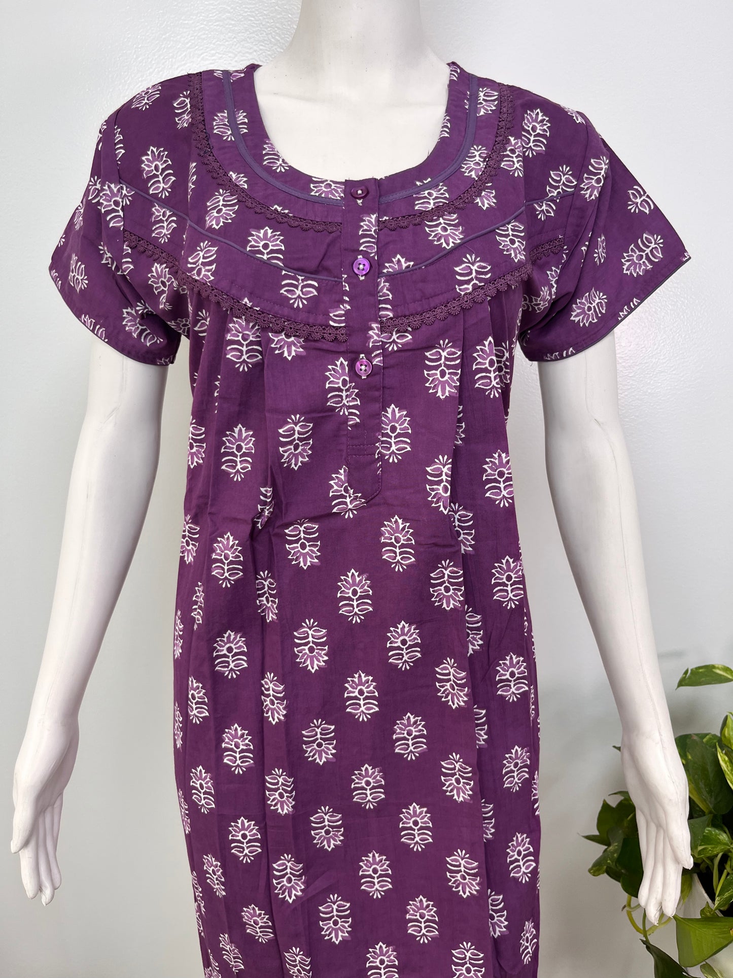 Floral pure cotton pleated nighty for women with pocket