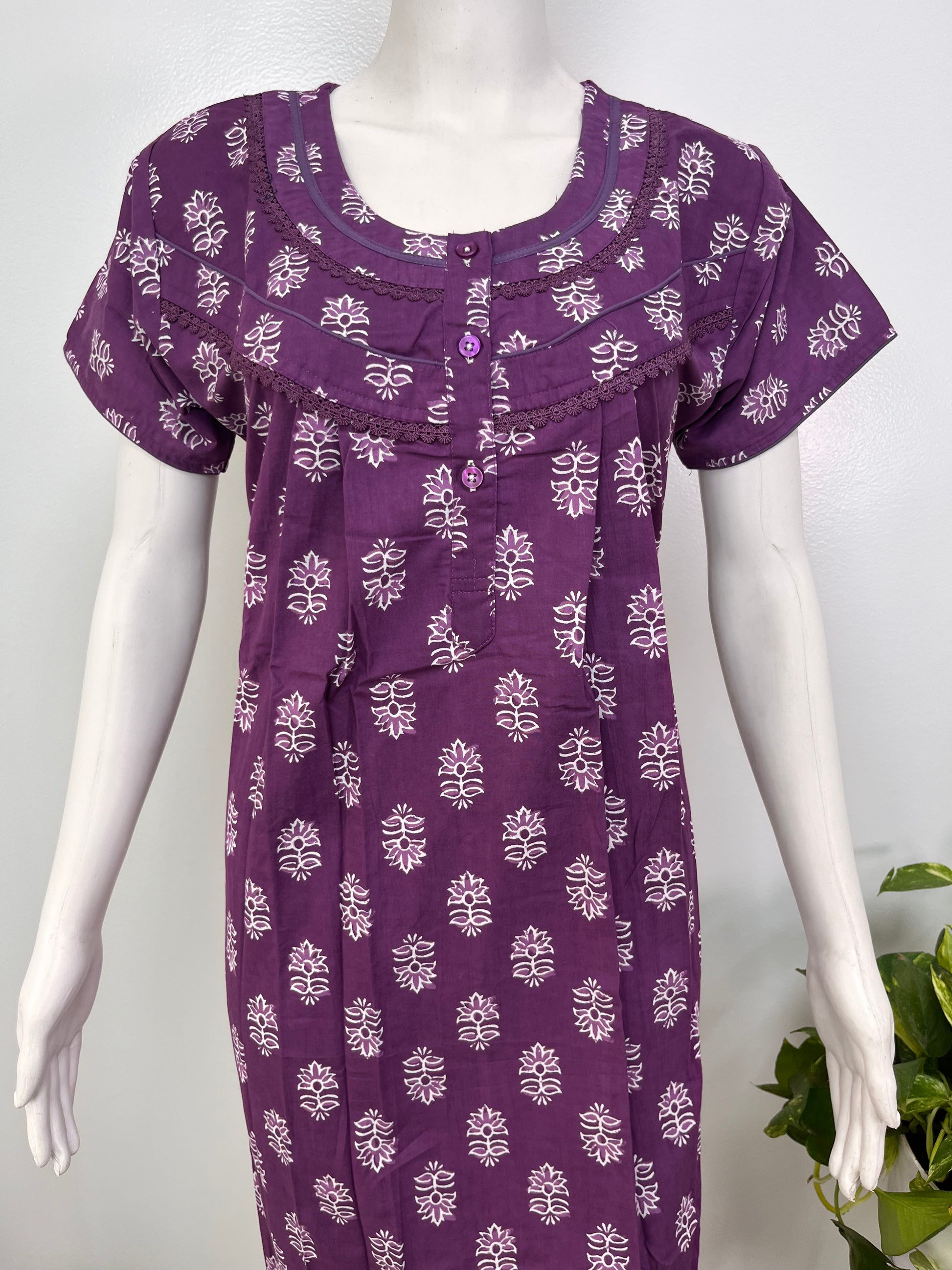 Floral pure cotton pleated nighty for women with pocket
