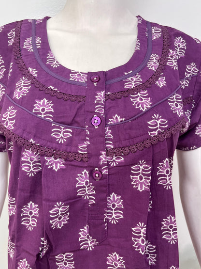 Floral pure cotton pleated nighty for women with pocket
