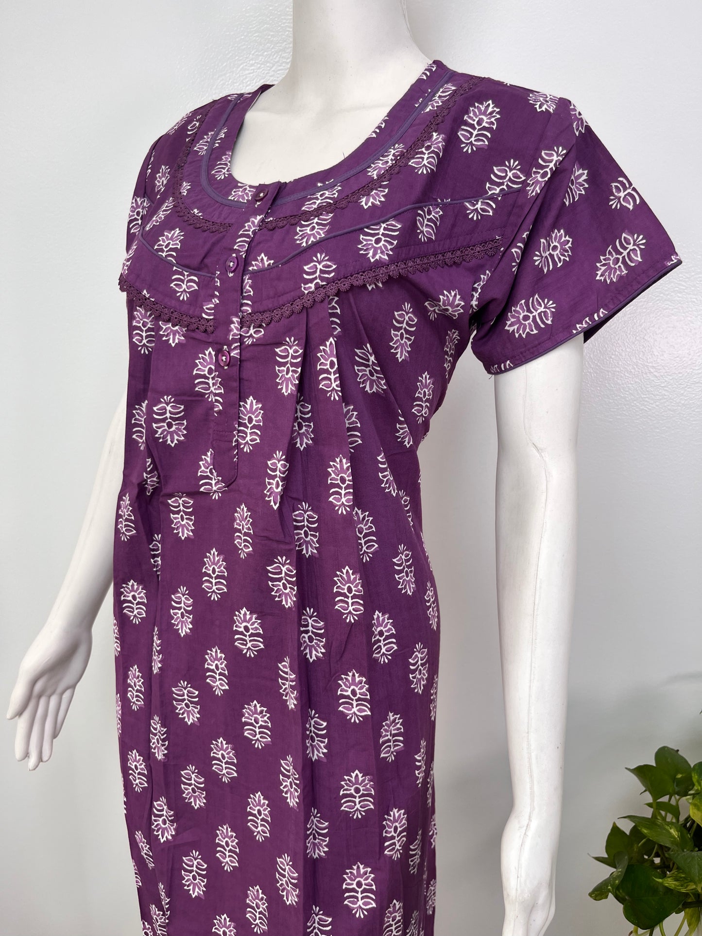 Floral pure cotton pleated nighty for women with pocket