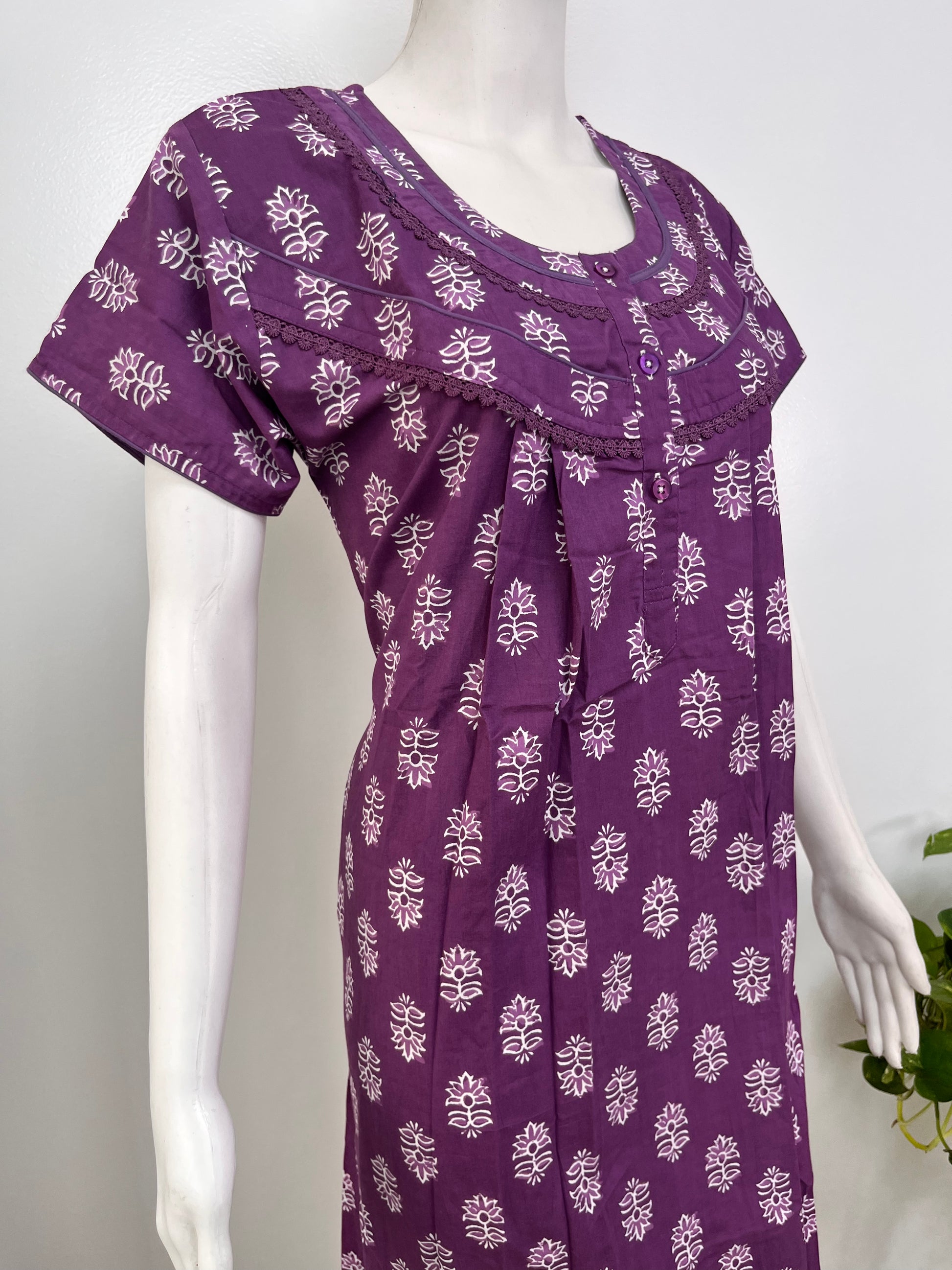 Floral pure cotton pleated nighty for women with pocket