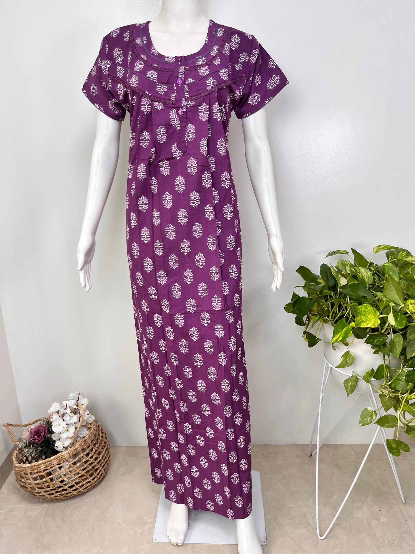 Floral pure cotton pleated nighty for women with pocket