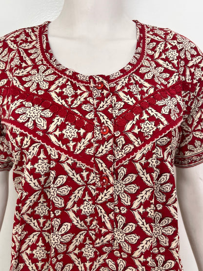 Printed pure cotton pleated nightgown for women with pocket