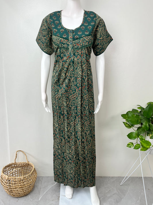 Bottle Green Kalamkari Pure Cotton Nighty