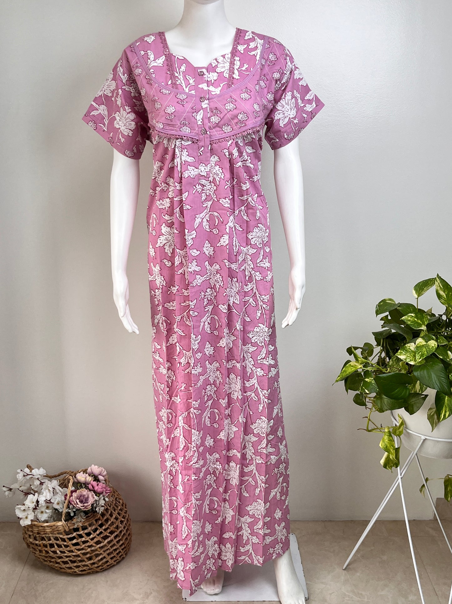 Pastel Printed Cotton Nighty in Pink, Brown and Pista