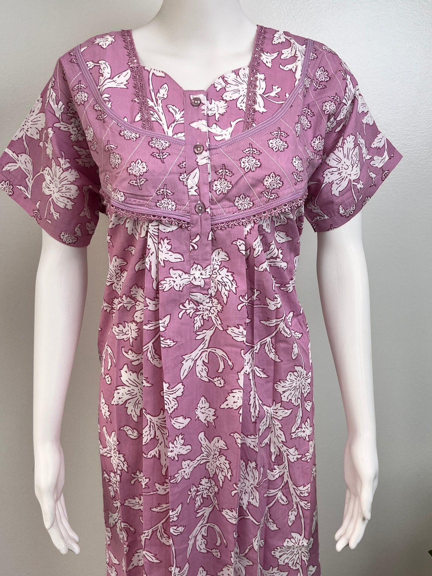 Pastel Printed Cotton Nighty in Pink, Brown and Pista