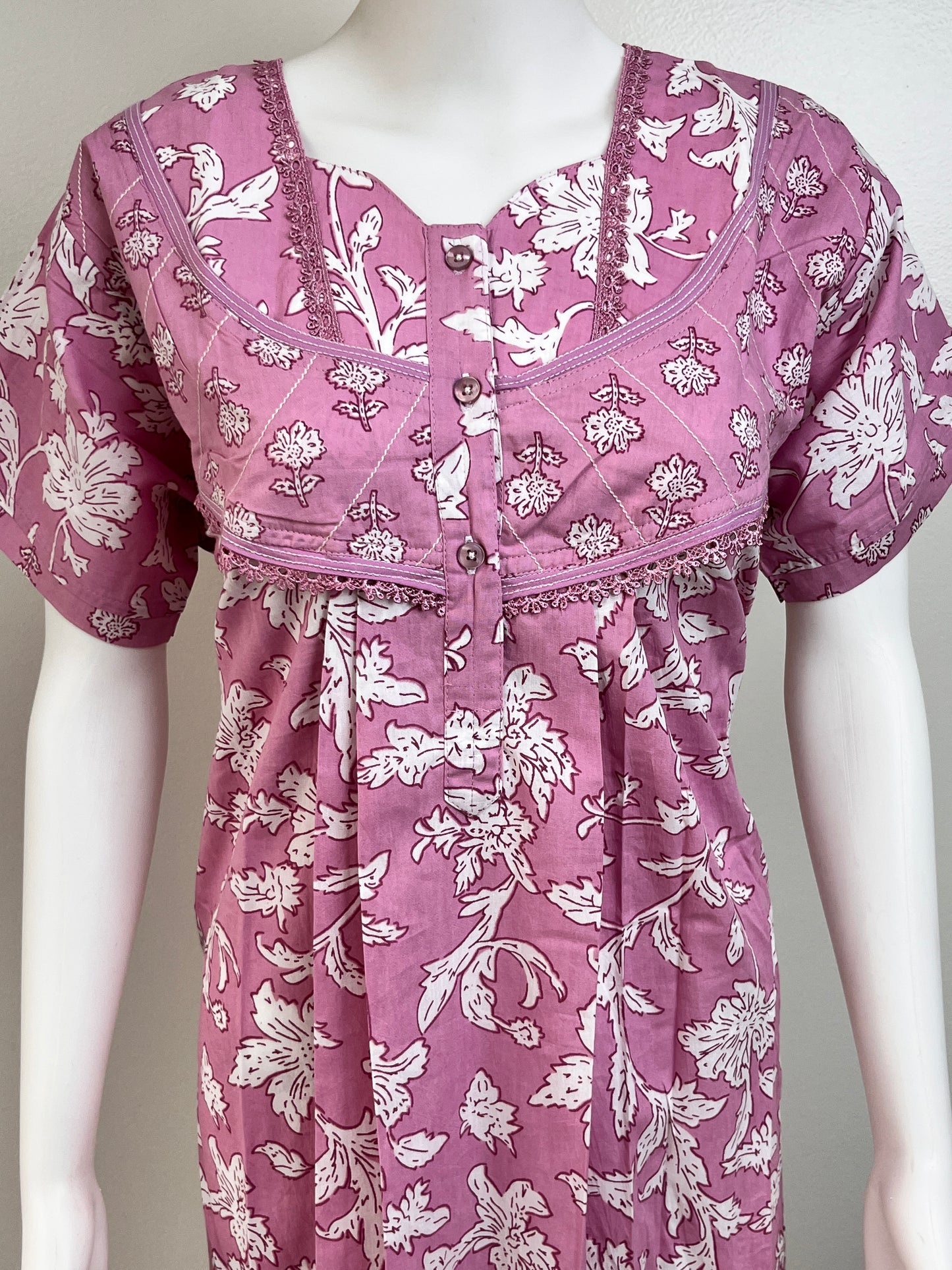 Pastel Printed Cotton Nighty in Pink, Brown and Pista