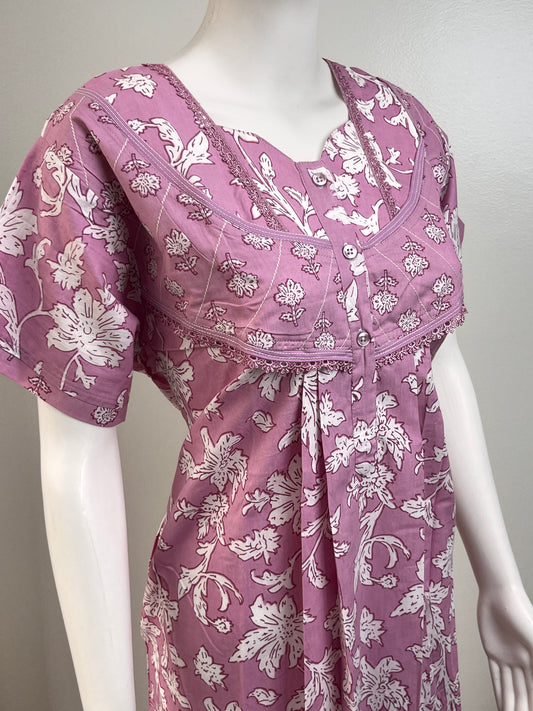 Pastel Printed Cotton Nighty in Pink, Brown and Pista