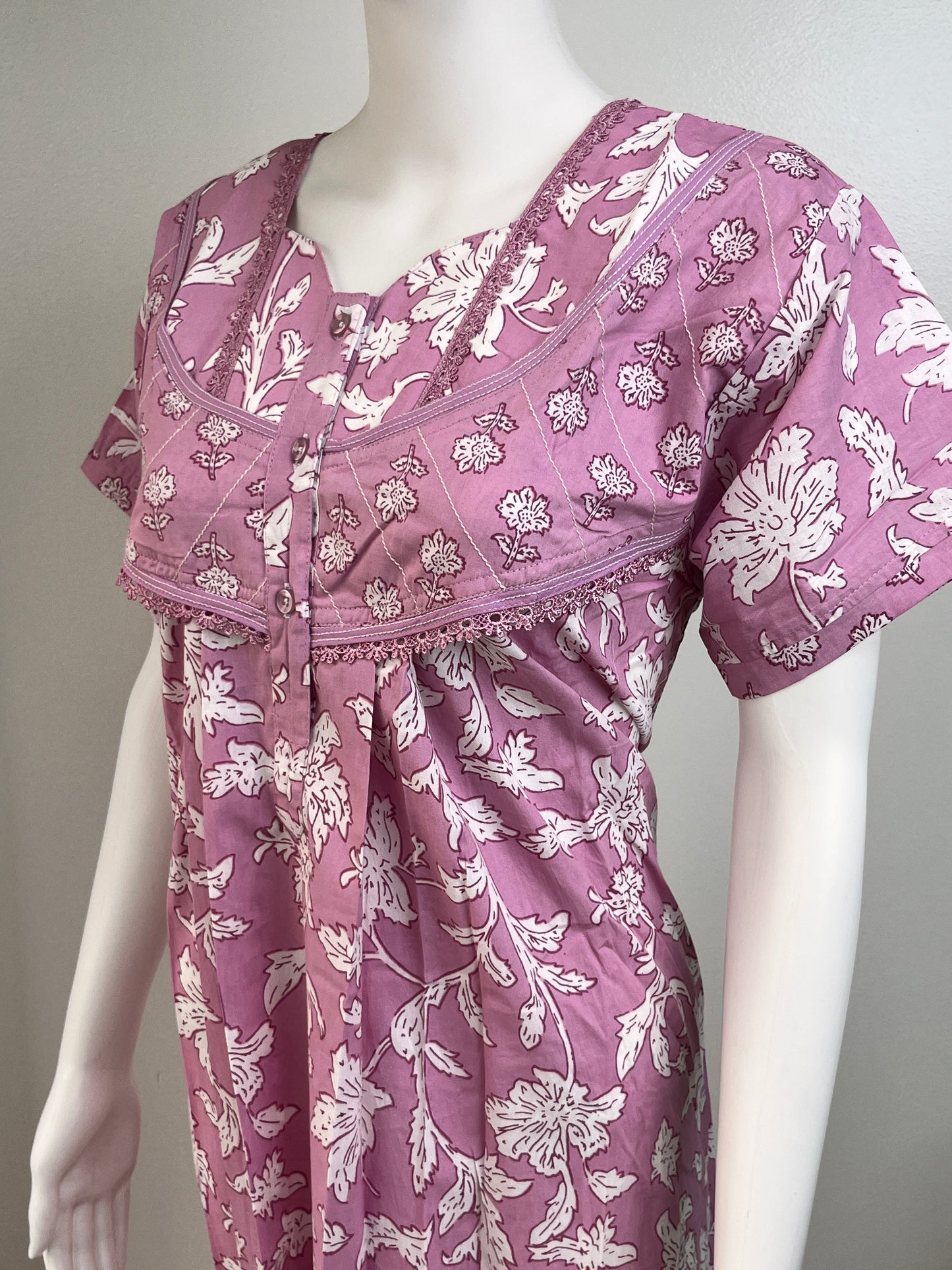 Pastel Printed Cotton Nighty in Pink, Brown and Pista