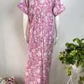 Pastel Printed Cotton Nighty in Pink, Brown and Pista