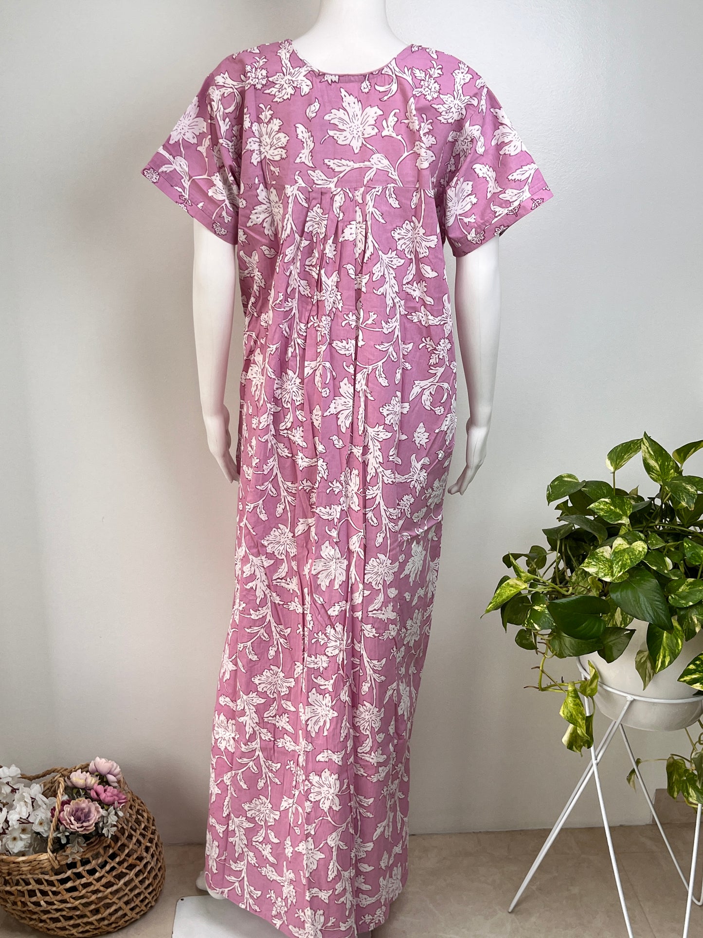 Pastel Printed Cotton Nighty in Pink, Brown and Pista