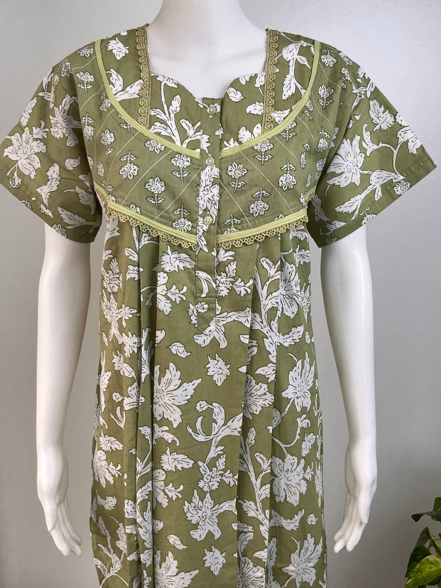 Pastel Printed Cotton Nighty in Pink, Brown and Pista