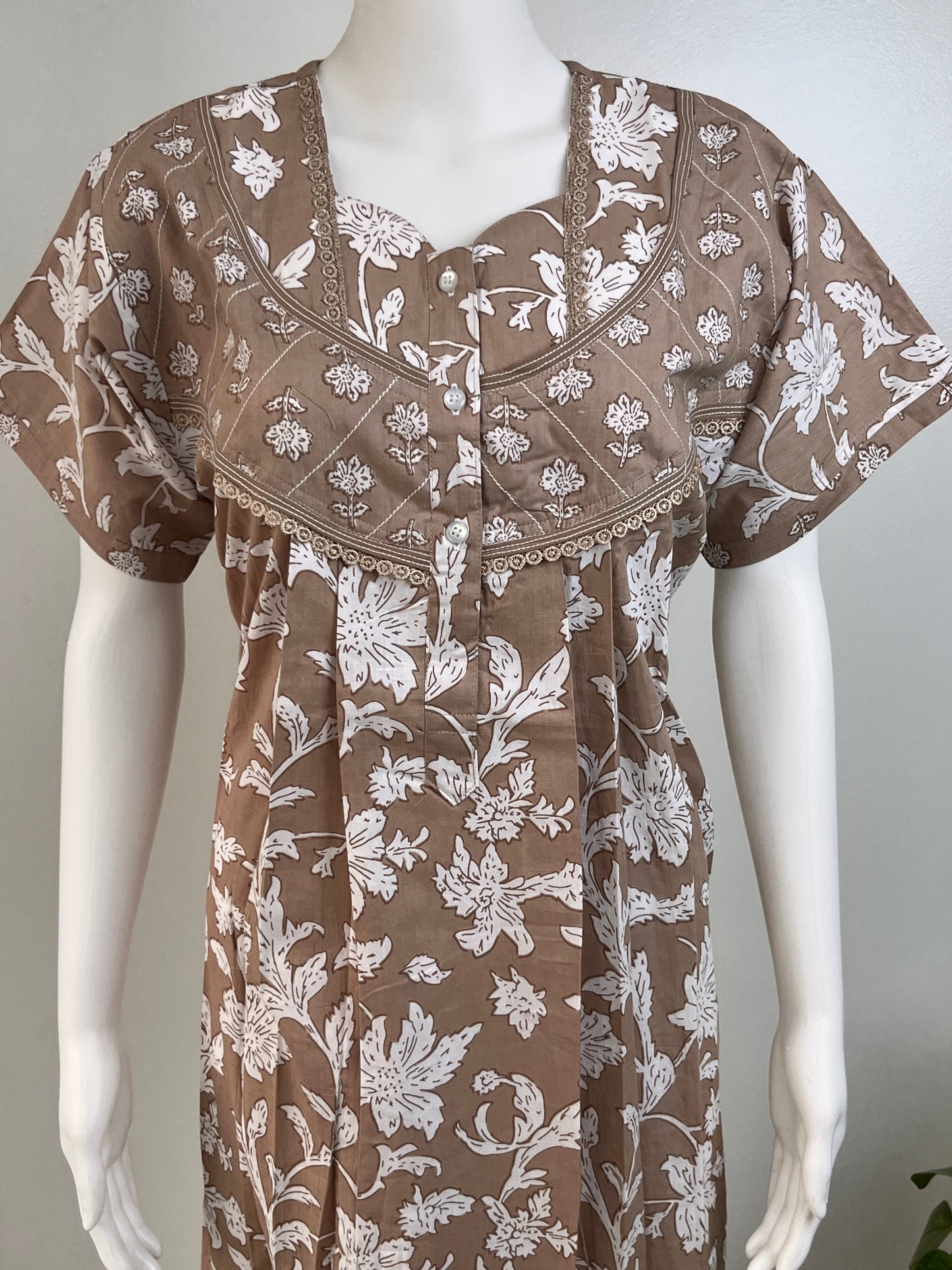 Pastel Printed Cotton Nighty in Pink, Brown and Pista