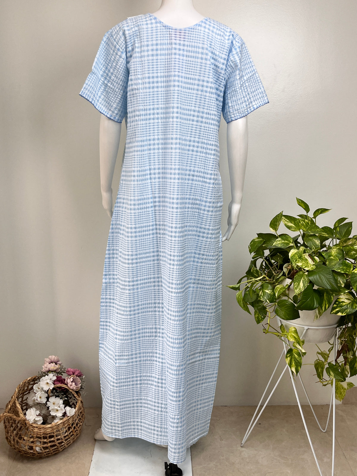 Floral Embroidered Checked Nightgown Soft & Breathable