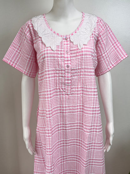 Floral Embroidered Checked Nightgown Soft & Breathable