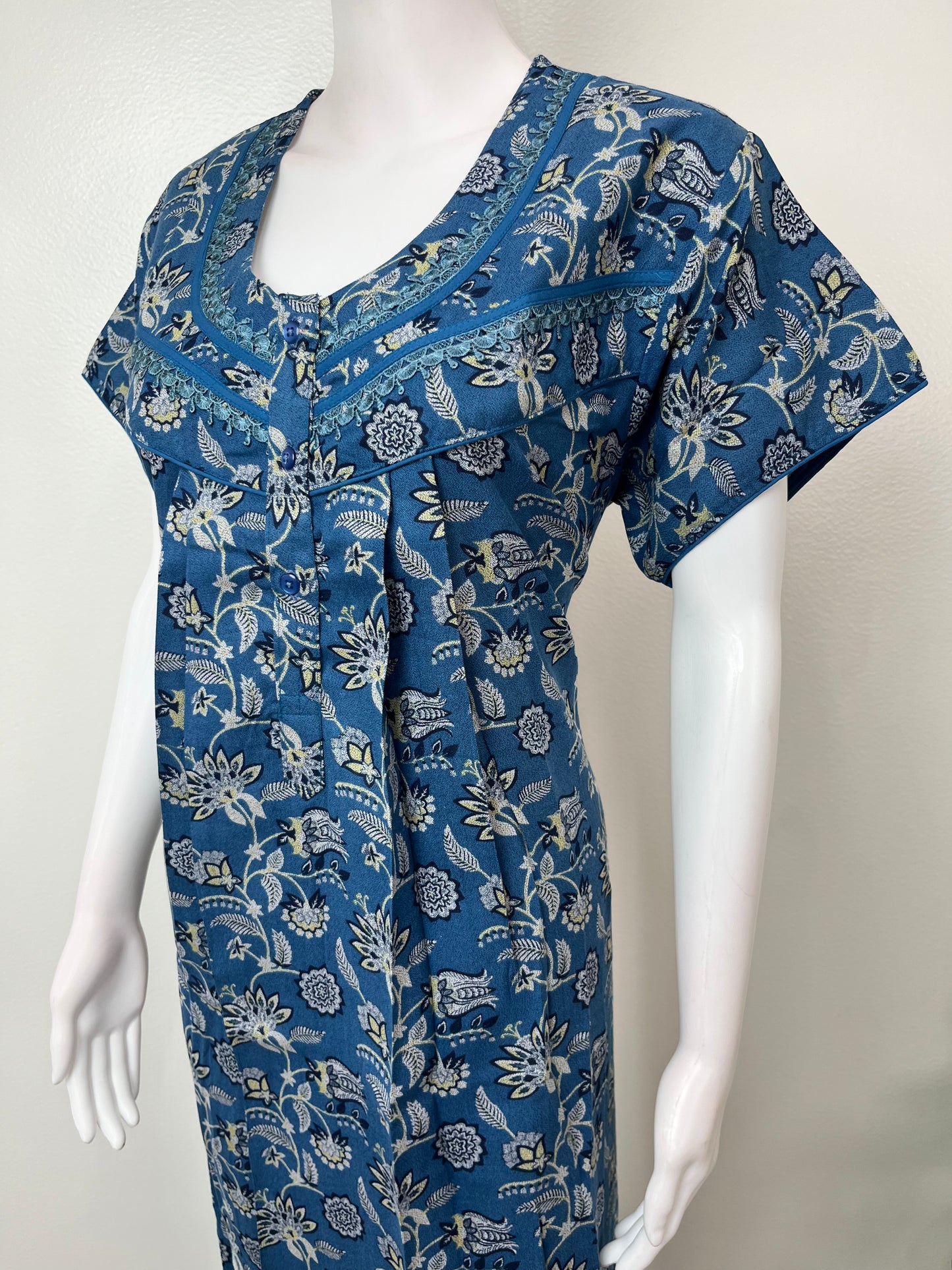 Navy Blue Pleated Style Alpine Fabric Nighty
