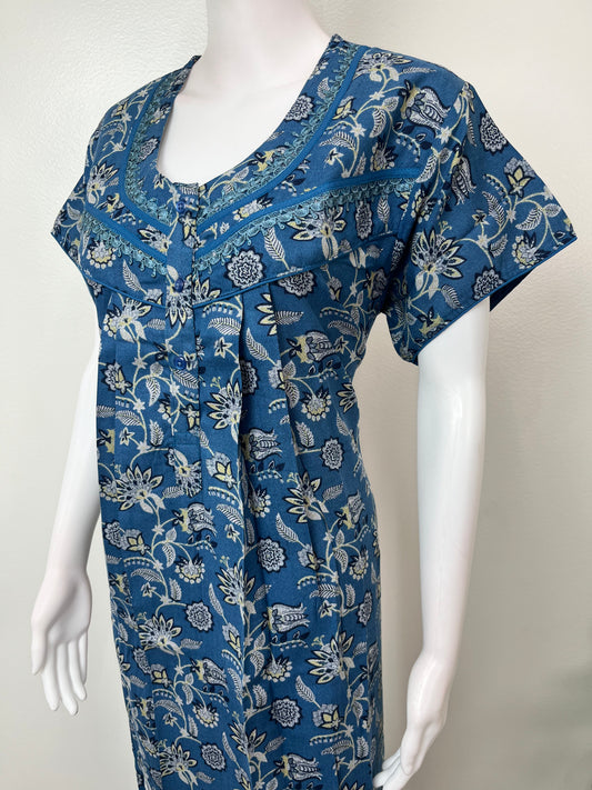Navy Blue Pleated Style Alpine Fabric Nighty