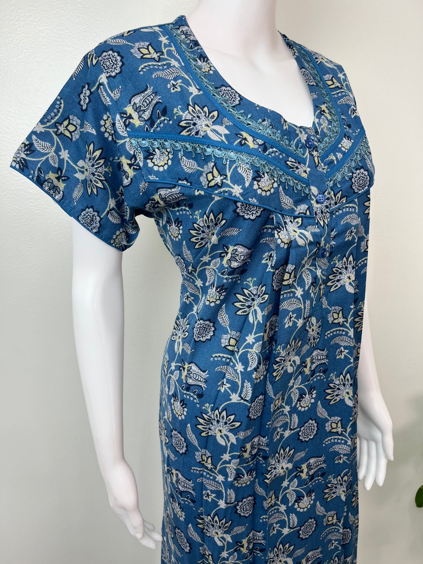Navy Blue Pleated Style Alpine Fabric Nighty