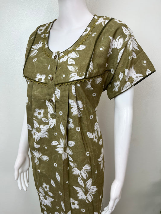Olive Green Floral Printed Alpine Nightgown for Women