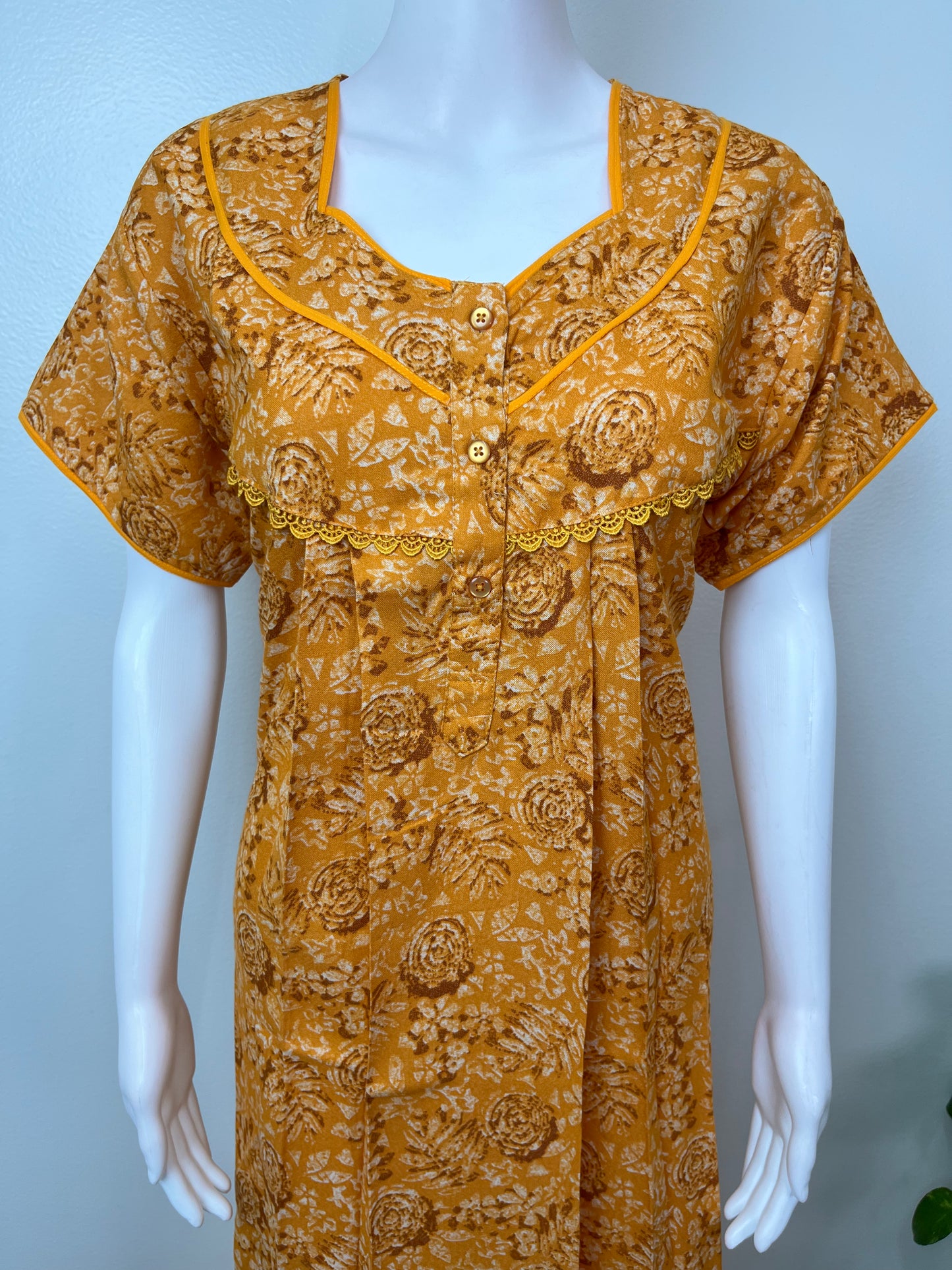 Yellow Pleated Style Alpine Fabric Women's Nightgown