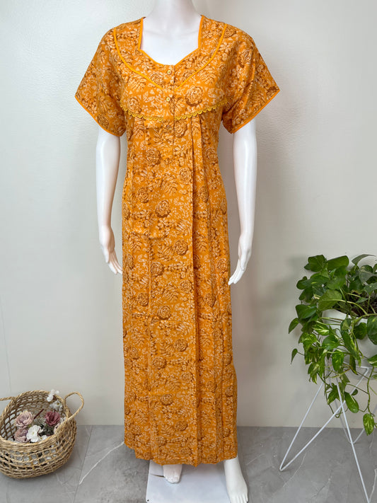 Yellow Pleated Style Alpine Fabric Women's Nightgown