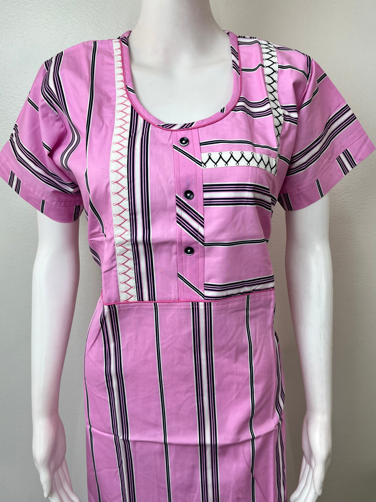 Pink Striped Pure Cotton Nightgown