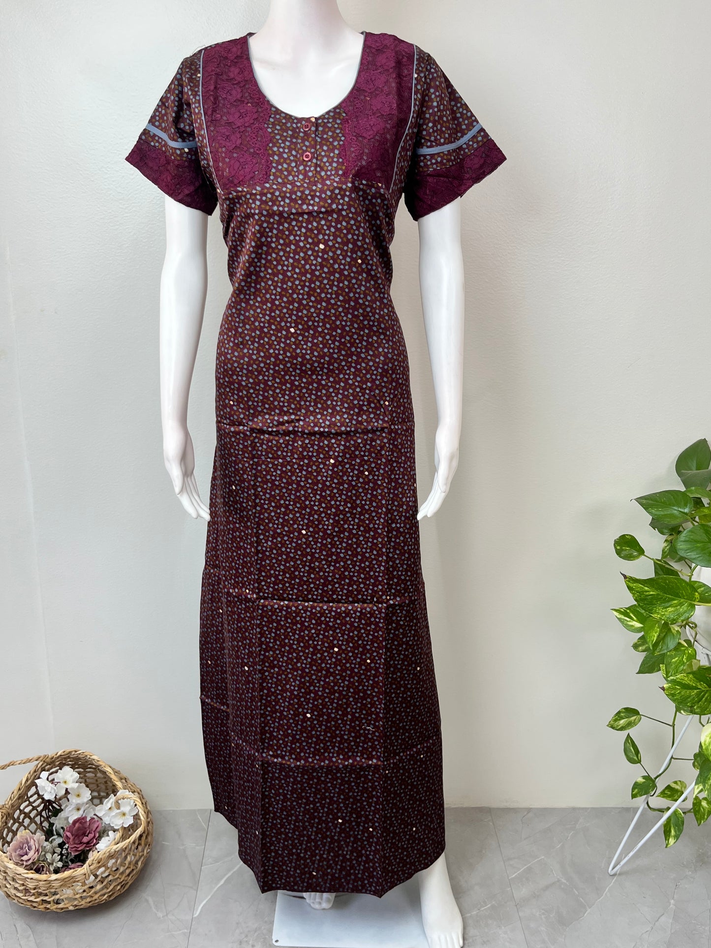 Purple Cotton Satin Fabric Nighty