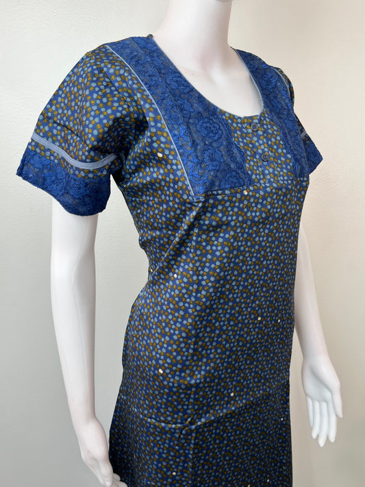 Navy Blue Cotton Satin Elegant Nightgown for Women