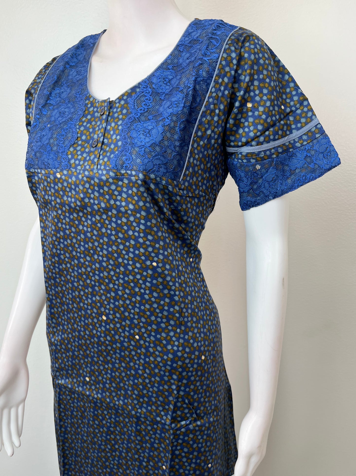 Navy Blue Cotton Satin Elegant Nightgown for Women