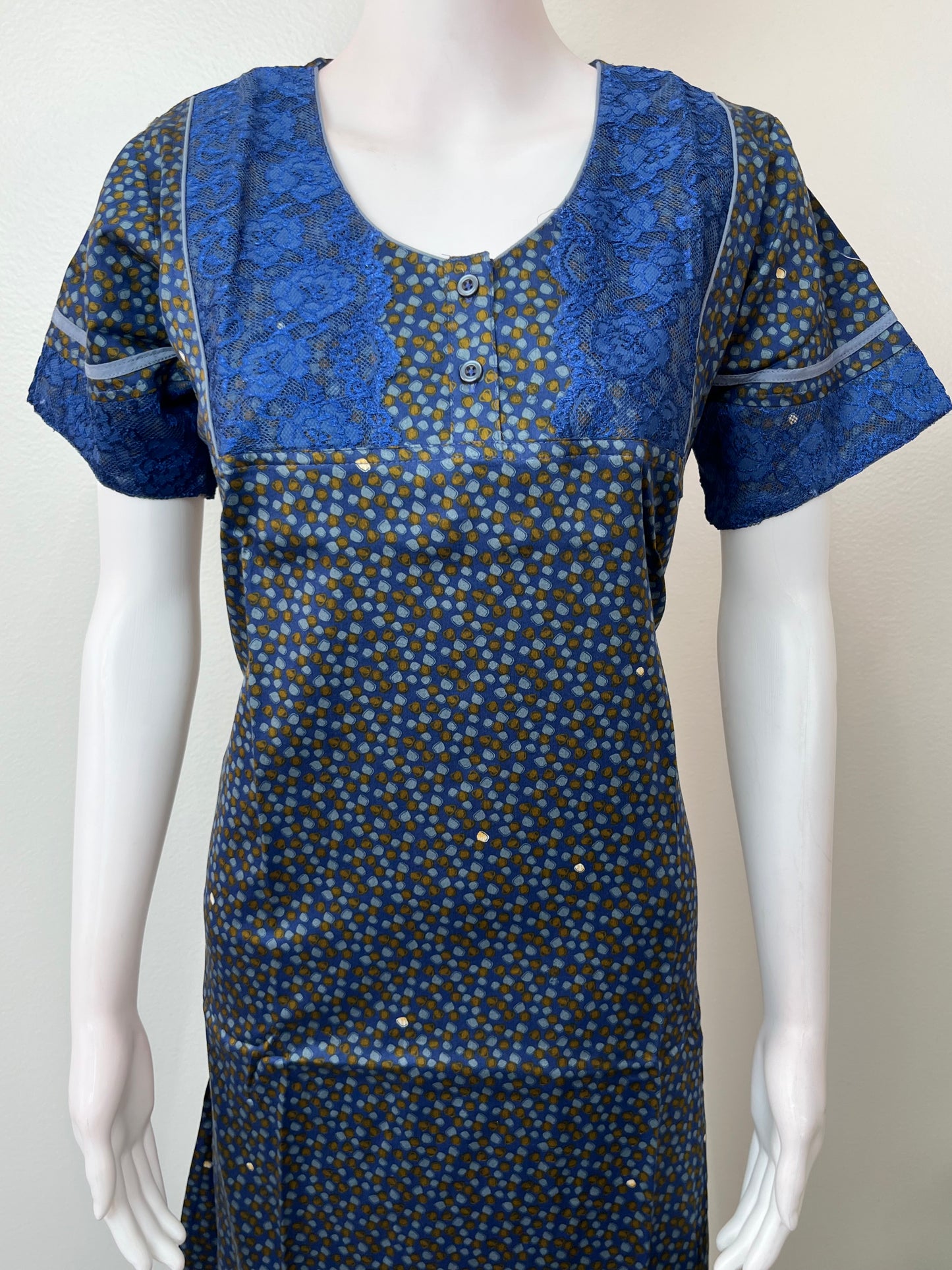 Navy Blue Cotton Satin Elegant Nightgown for Women