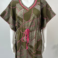 Olive Green Soft Alpine Kaftan with Pink Embroidery