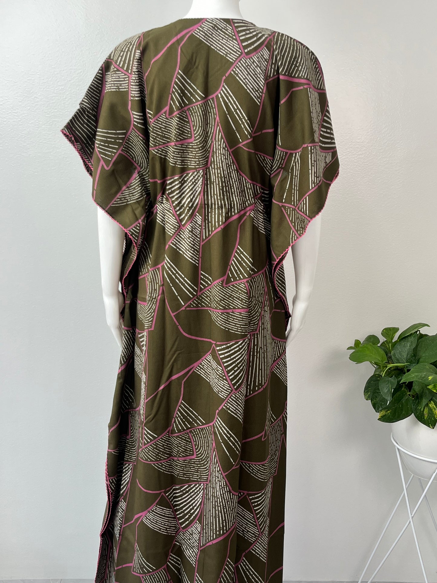 Olive Green Soft Alpine Kaftan with Pink Embroidery