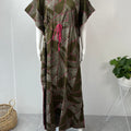 Olive Green Soft Alpine Kaftan with Pink Embroidery
