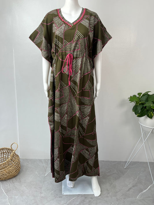Olive Green Soft Alpine Kaftan with Pink Embroidery
