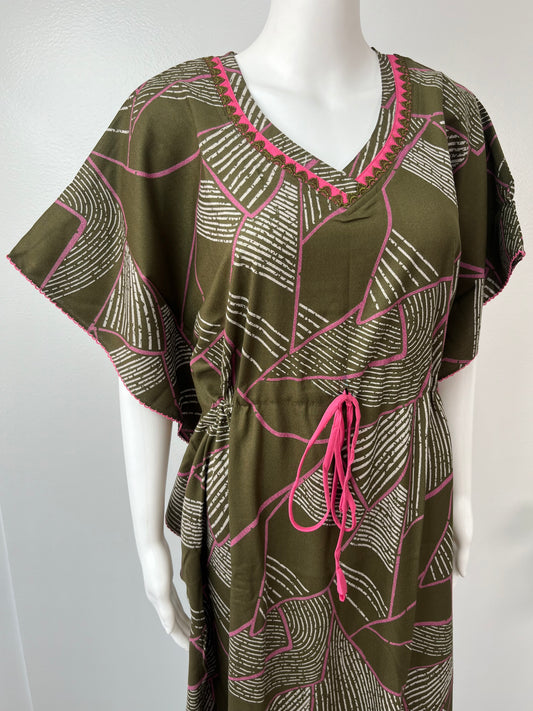 Olive Green Soft Alpine Kaftan with Pink Embroidery
