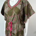 Olive Green Soft Alpine Kaftan with Pink Embroidery