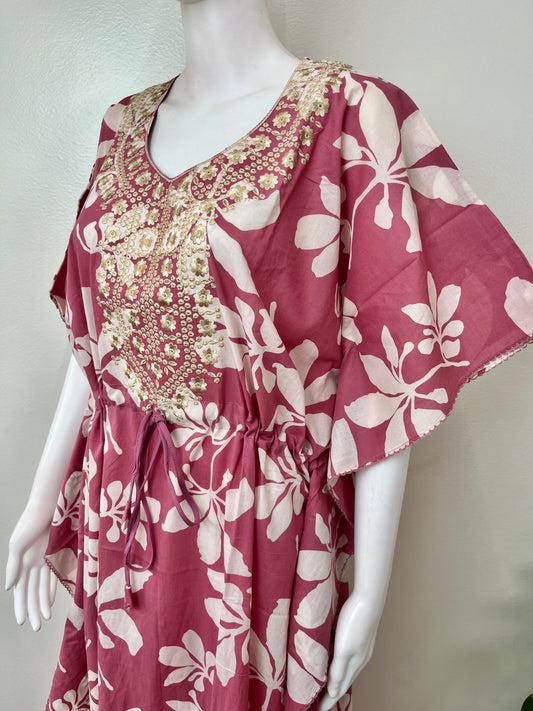 Pink Cambric Cotton Embroidered Kaftan Nighty