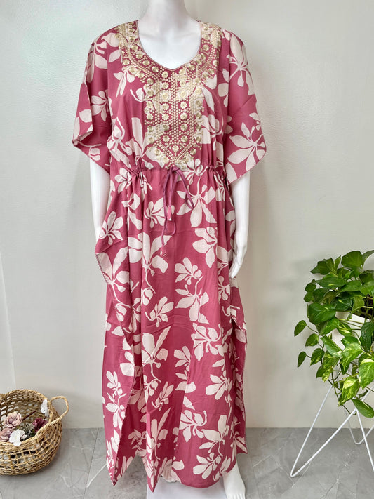 Pink Cambric Cotton Embroidered Kaftan Nighty