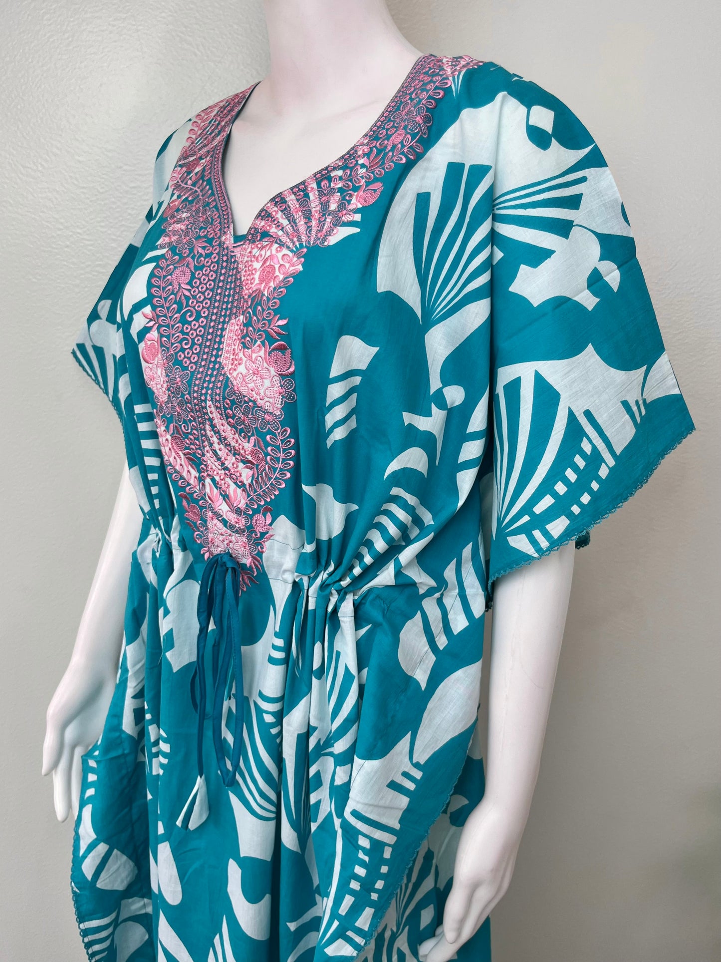 Teal Classic Embroidery Cambric Cotton Kaftan