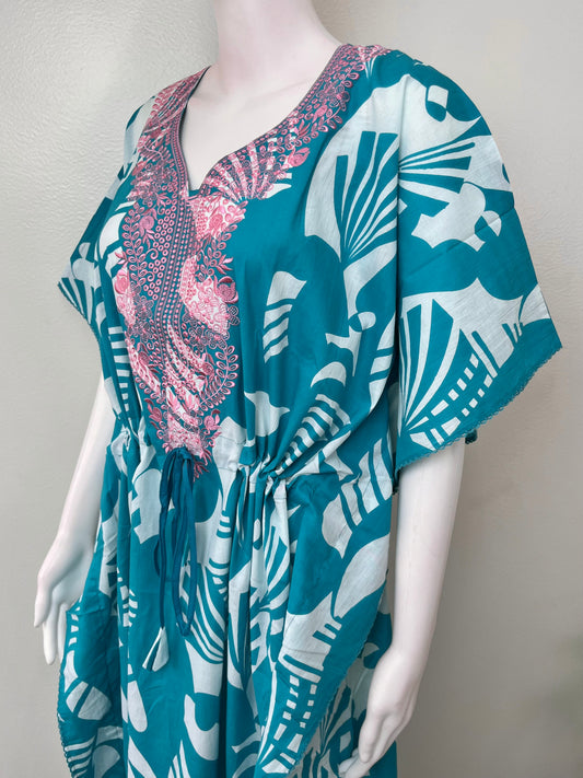 Teal Classic Embroidery Cambric Cotton Kaftan