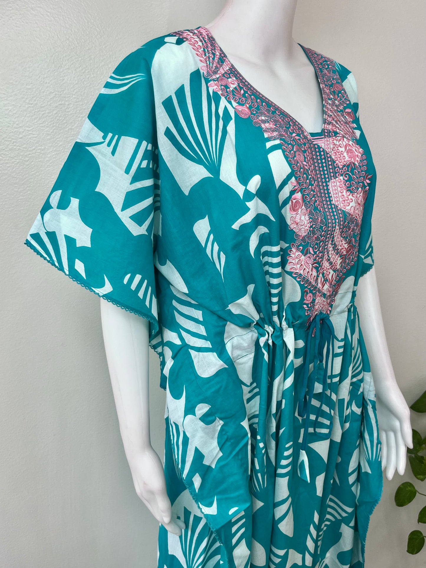 Teal Classic Embroidery Cambric Cotton Kaftan